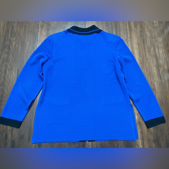 Ming Wang Knit Cardigan Size Large Royal Blue Black Trim Open Business Collar - Picture 9 of 14